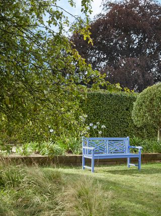 blue painted wooden bench in a garden