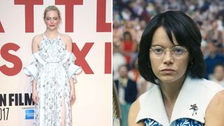 L-Emma Stone, R-Emma Stone as Billie Jean King