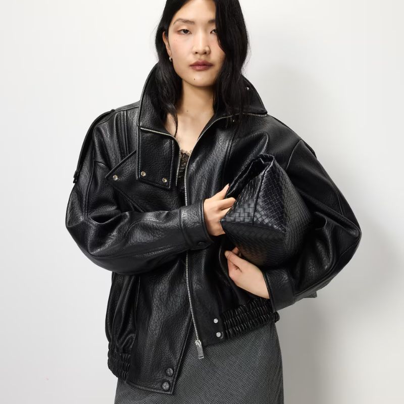F&amp;amp;F Faux Leather Funnel Neck Oversized Fit Jacket in Black on model
