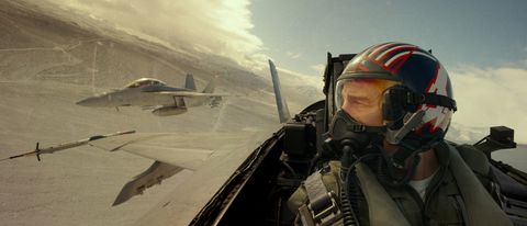 Tom Cruise flying a jet in Top Gun: Maverick