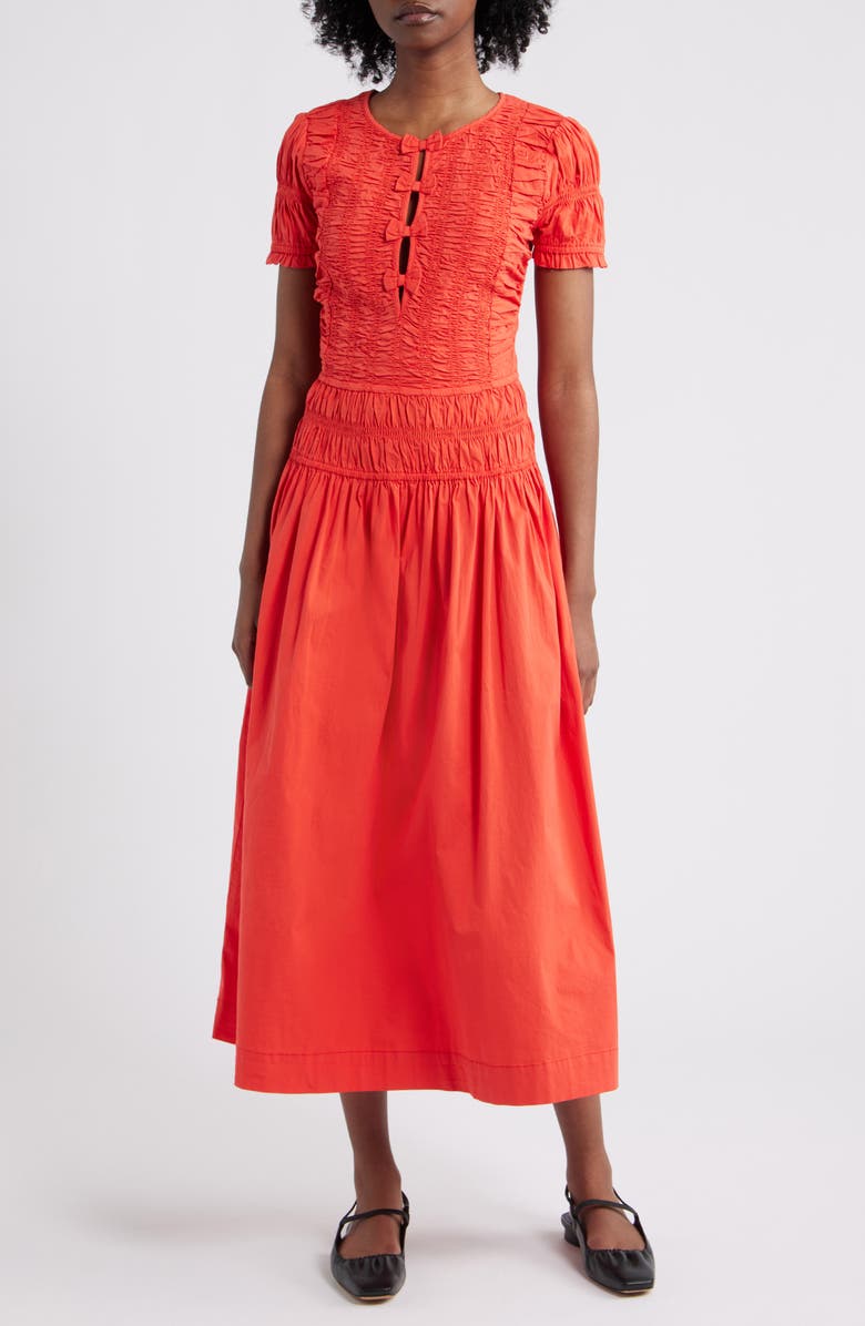 Smocked Drop Waist Stretch Organic Cotton Midi Dress