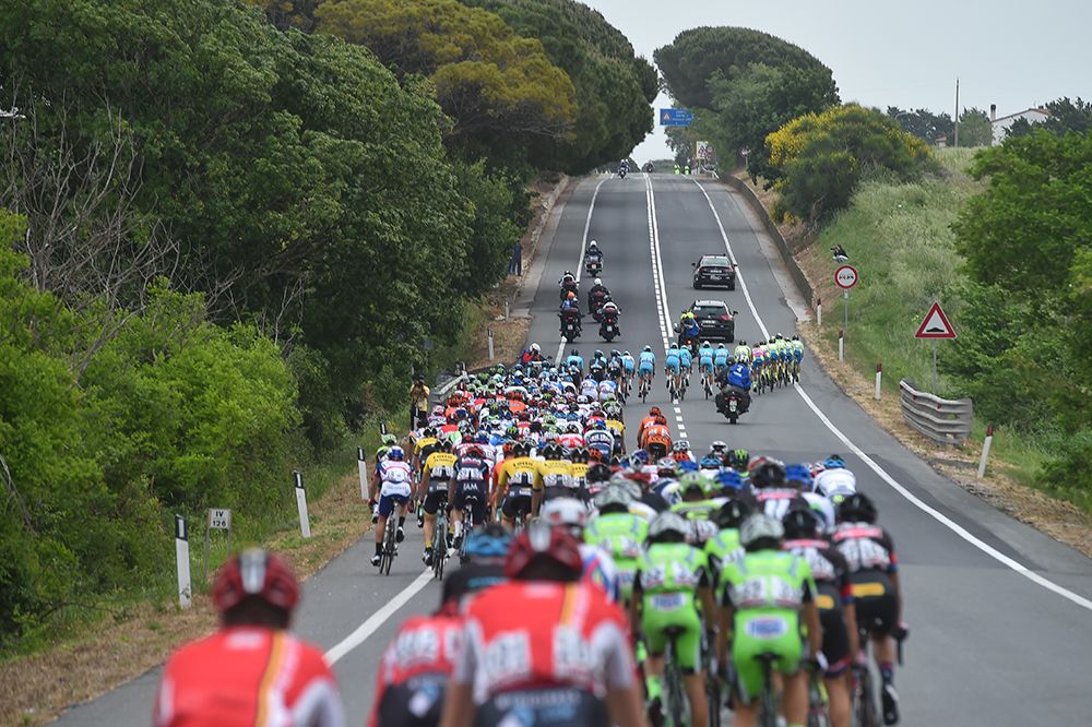 The peloton strings out
