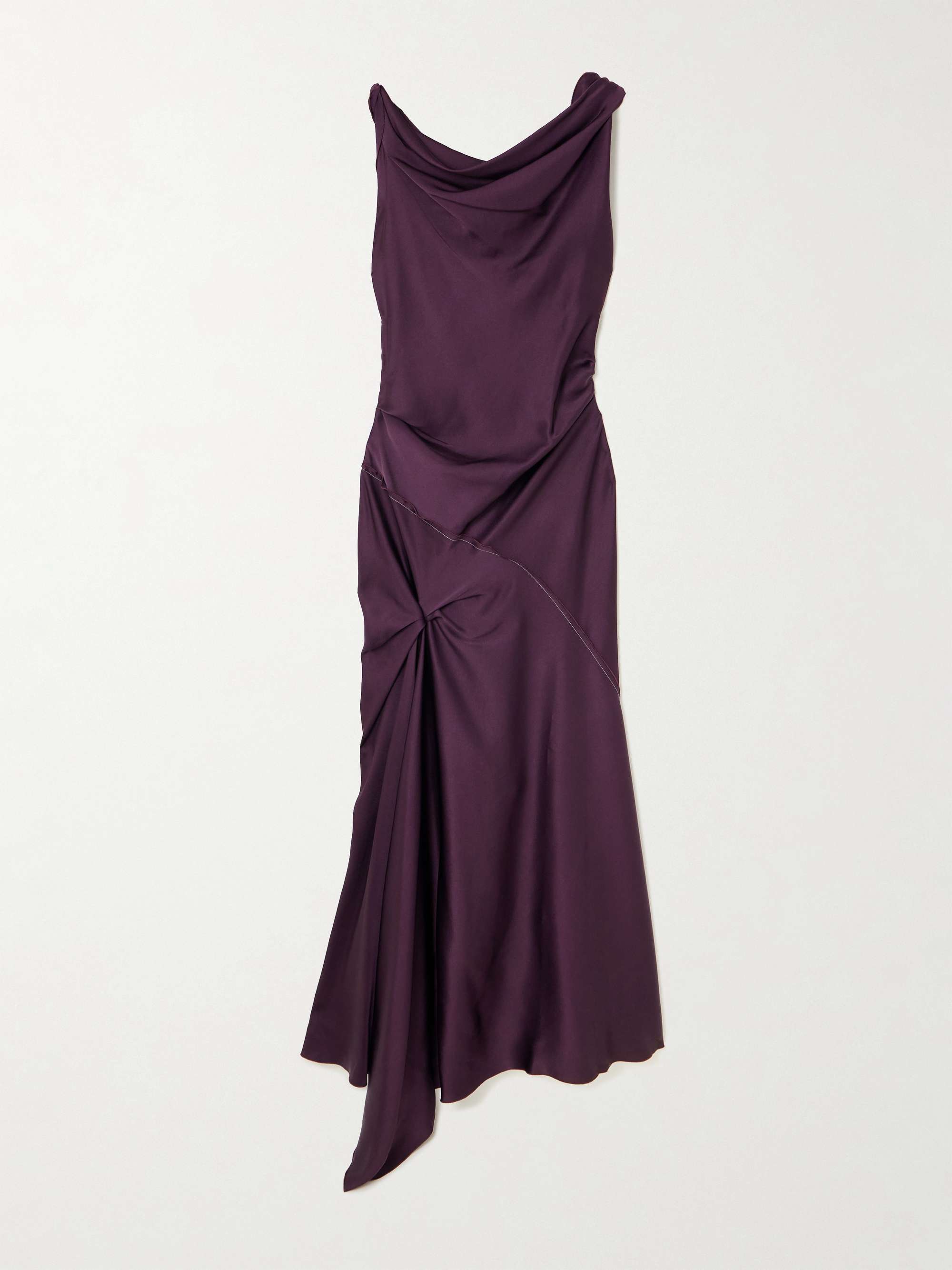 Asymmetric Paneled Draped Gathered Satin Midi Dress