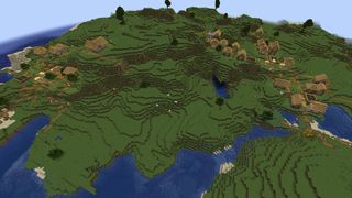 A verdant grassland in Minecraft, dotted with clusters of small villages and farms
