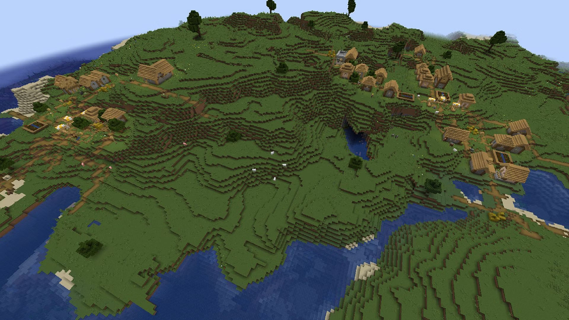 Une prairie verdoyante dans Minecraft, parsemée de groupes de petits villages et de fermes