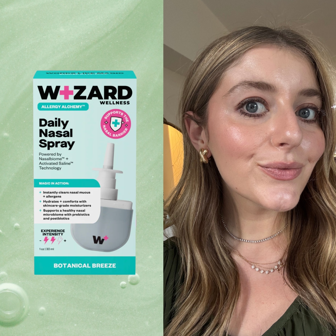 samantha holender in a green dress with eyeliner next to a green background with allergy products like wizard wellness nasal spray and lumify eye drops