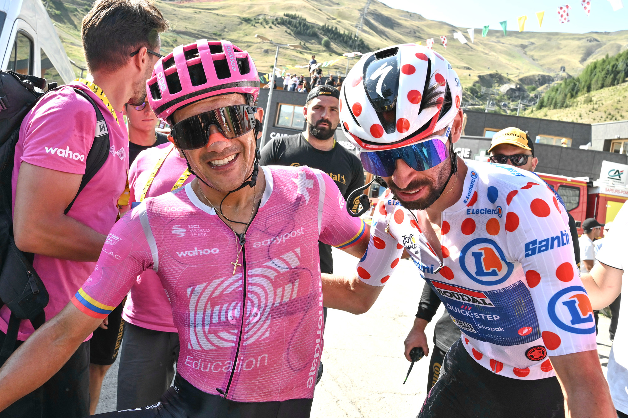 ORCIERES, FRANCE - JULY 23: (L-R) Stage winner Richard Carapaz of Ecuador and Team EF Education - EasyPost and Valentin Paret-Peintre of France and Team Soudal Quick-Step - Polka Dot Mountain Jersey react after the 113th Tour de France 2026, Stage 18 a 185.2km stage from Voiron to Orcieres-Merlette 1825m / #UCIWT / on July 23, 2026 in Orcieres, France. (Photo by Jeff Pachoud - Pool/Getty Images)