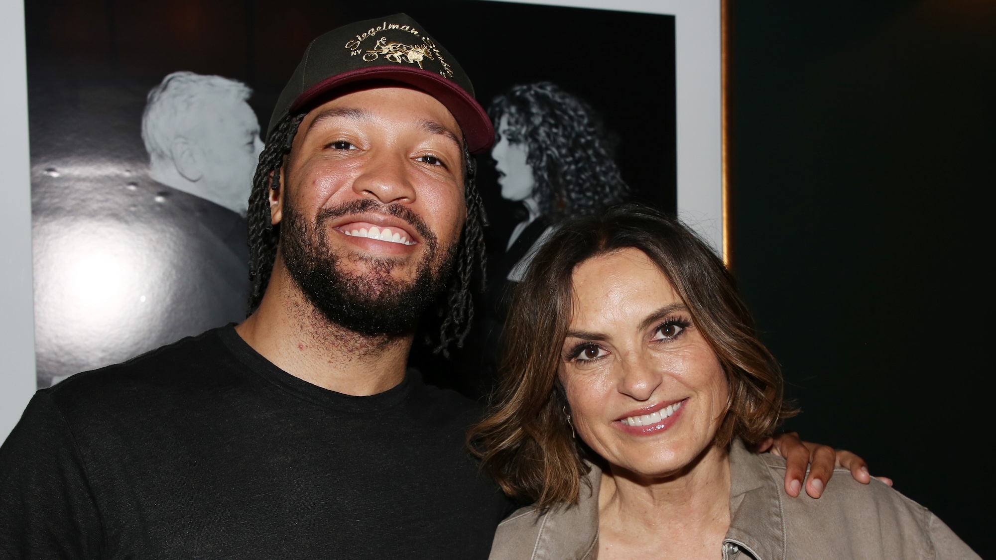 NEW YORK, NEW YORK - Jalen Brunson and Mariska Hargitay pose backstage at "Every Brilliant Thing" on Broadway at The Hudson Theatre on June 26, 2026 in New York City. (Photo by Bruce Glikas/WireImage)