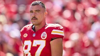 NFL tight end Travis Kelce (87) of the Kansas City Chiefs looks on before kickoff against the Chicago Bears.