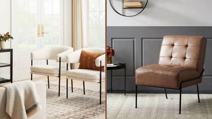Two types of small accent chairs, one in a dark living space the Carbon Loft Hofstetler Armless Accent Chair and the Threshold™ Rosemead Metal Frame and Rounded Back Faux Sherling Accent Chair Cream in a neutral living room