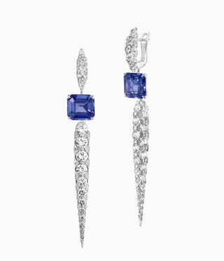 Long dangling diamond earrings with two blue sapphires