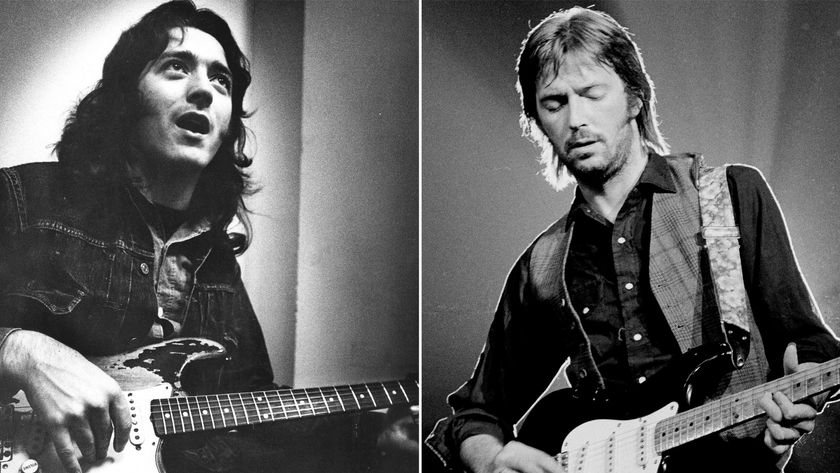 LEFT: Rory Gallager posed backstage in Manchester,England in 1973. RIGHT: British guitarist Eric Clapton performing on stage at the Nassau Coliseum in Long Island, New York on June 30, 1974. 