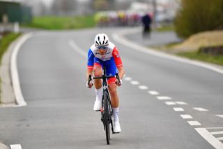 NOKERE BELGIUM MARCH 16 Samuel Watson of United Kingdom and Team Groupama FDJ competes in the breakaway during the 76th Danilith Nokere Koerse 2022 Mens Elite a 1898km one day race from Deinze to Nokere NokereKoerse DNK22 on March 16 2022 in Nokere Belgium Photo by Luc ClaessenGetty Images