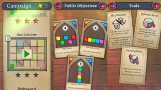 A compilation of three images from Sagrada, one of the campaign mode selection screen, one featuring the public objectives, and the last one showing the match's three tool cards.