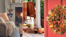 Comilatio of autumn decor ideas in a living room with throws, candles and pumpkins on a porch and an autumn wreath on a red front door