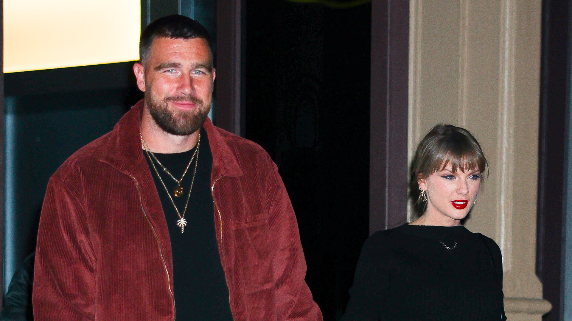 Taylor Swift and Travis Kelce at Zero Bond in New York City wearing Louis Vuitton