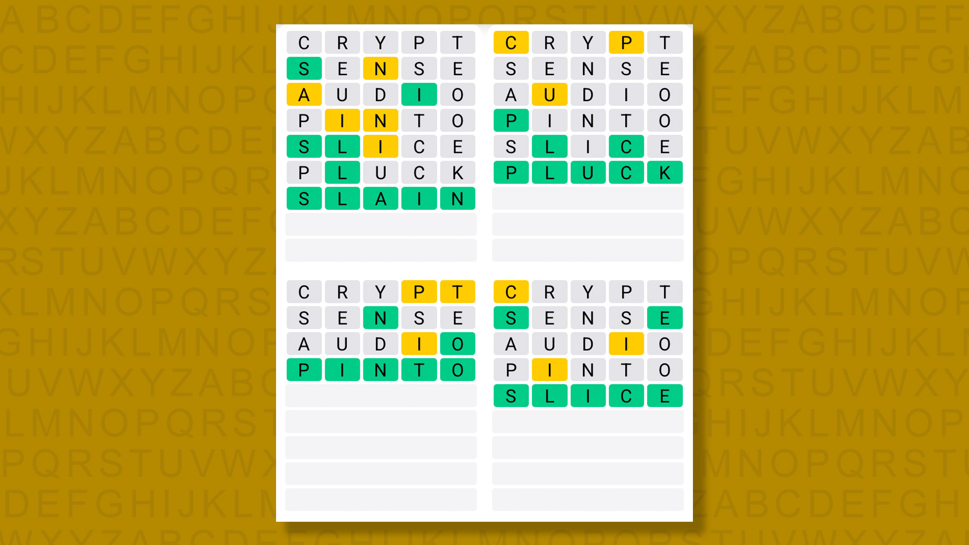 Quordle answers for game 1604 on a yellow background