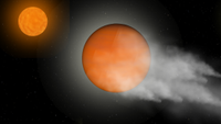 An illustration shows the atmosphere of the Jupiter-sized exoplanet V1298 Tau b being stripped away transforming it into a super-Earth sized world