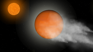 An illustration shows the atmosphere of the Jupiter-sized exoplanet V1298 Tau b being stripped away transforming it into a super-Earth sized world