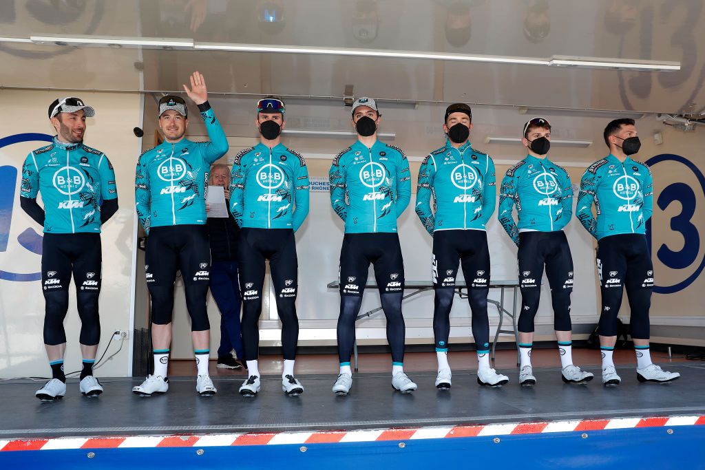 MARSEILLE FRANCE JANUARY 30 Jonathan Hivert of France Alan Boileau of France Franck Bonnamour of France Thibault Ferasse of France Alexis Gougeard of France Quentin Jauregui of France Victor Koretzky of France and Team BB Hotels KTM during the team presentation prior to the 43rd Grand Prix La Marseillaise 2022 a 1743km race from ChteauGombert to Marseille GPLM2022 on January 30 2022 in Marseille France Photo by Bas CzerwinskiGetty Images