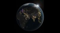 an illustration of earth at night. the planet is mostly black and in shadow, revealing patterns of dots of light tracing the outlines of continents