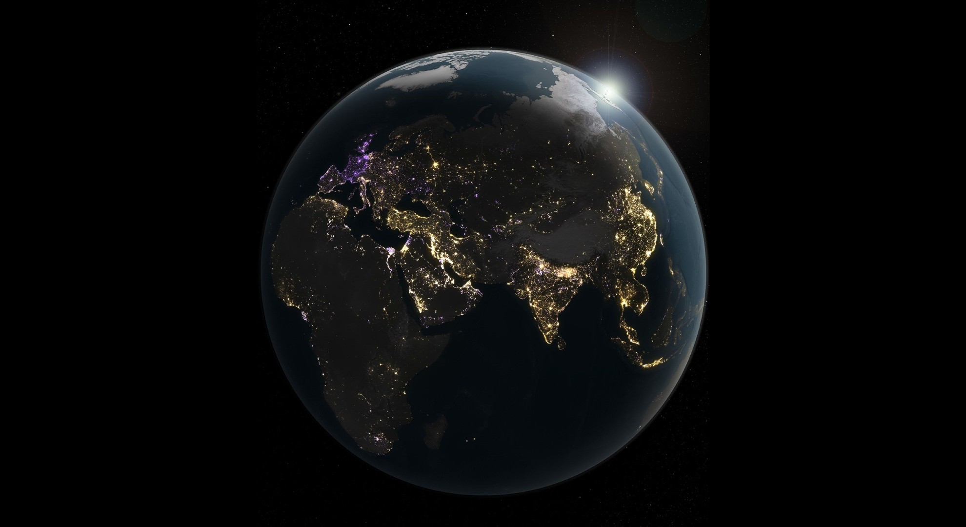 an illustration of earth at night. the planet is mostly black and in shadow, revealing patterns of dots of light tracing the outlines of continents