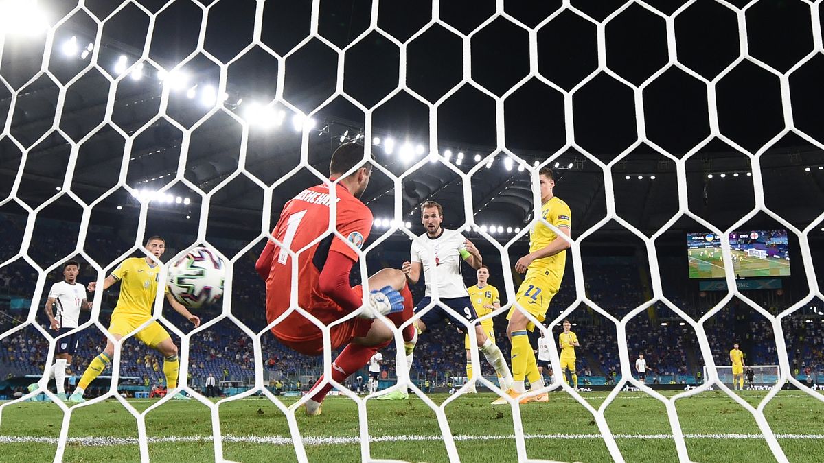 Harry Kane scores the opening goal in England&#039;s win over Ukraine in their Euro 2020 quarterfinal match on July 3, 2021.