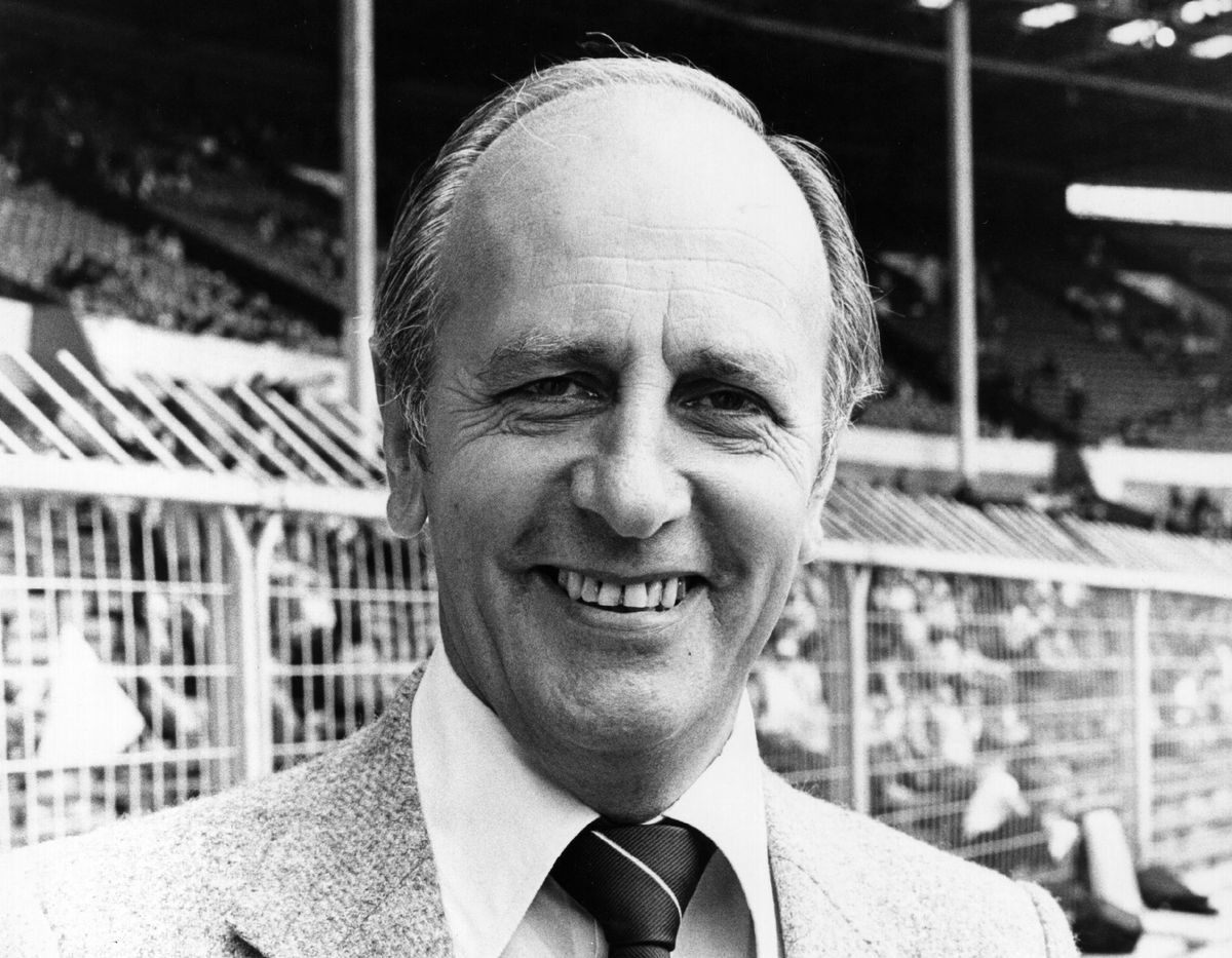 Commentator Brian Moore pictured at Wembley in 1981