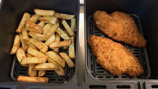 cooking fish and fries in the cosori dual basket air fryer