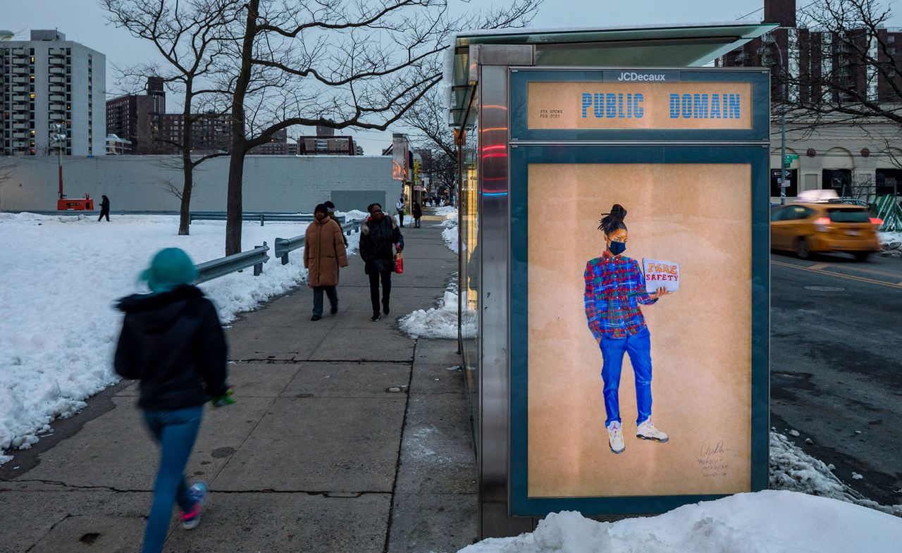 Installation view of Aya Brown&#039;s portrait &quot;MIKEY&quot; FIRE LIFE SAFETY ACCOUNT MANAGER, part of her COVID-19, 2020 series installed at a Brooklyn bus stop