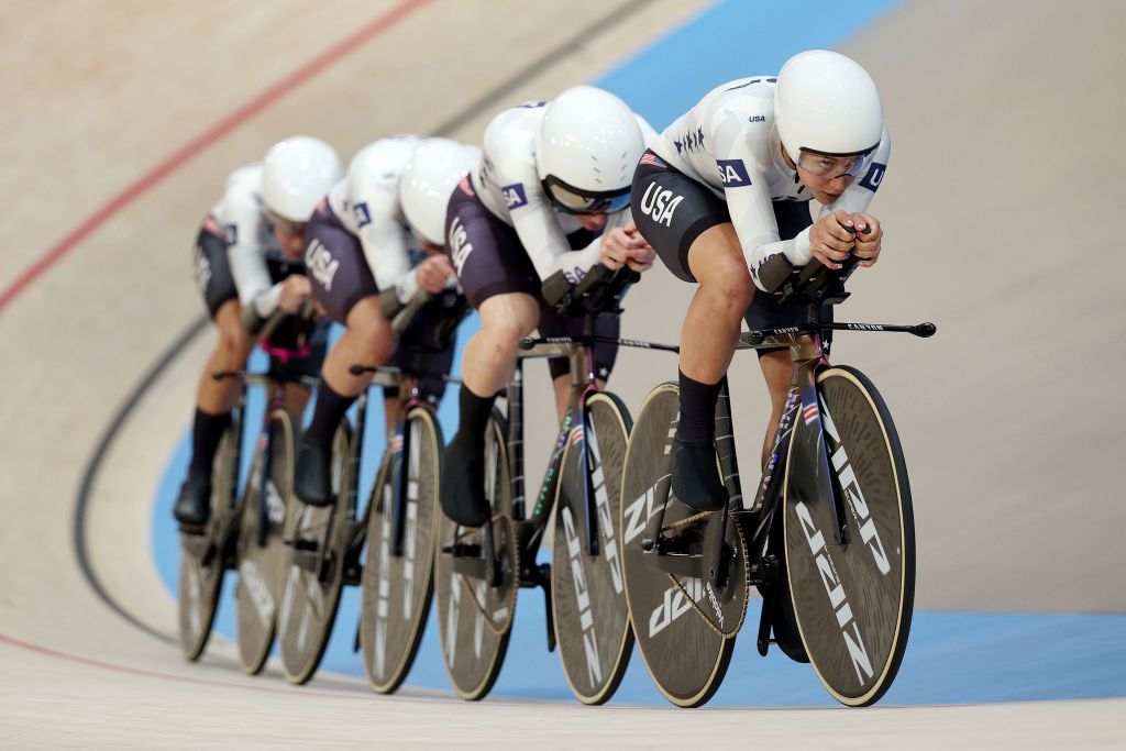 PARIS FRANCE AUGUST 06 Kristen Faulkner of Team United States leads during the Womens Team Pursuit Qualifying on day eleven of the Olympic Games Paris 2024 at SaintQuentinenYvelines Velodrome on August 06 2024 in Paris France Photo by Jared C TiltonGetty Images
