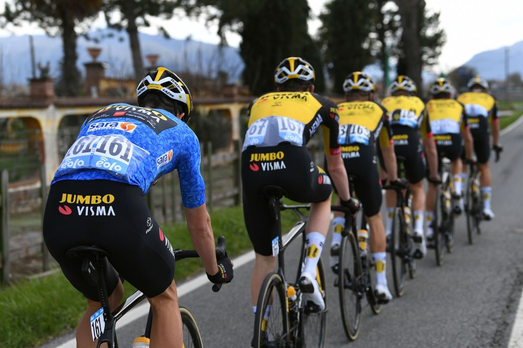 PRATI DI TIVO ITALY MARCH 13 Wout Van Aert of Belgium and Team Jumbo Visma Blue Leader Jersey Teammates during the 56th TirrenoAdriatico 2021 Stage 4 a 148km stage from Terni to Prati di Tivo 1450m TirrenoAdriatico on March 13 2021 in Prati di Tivo Italy Photo by Tim de WaeleGetty Images