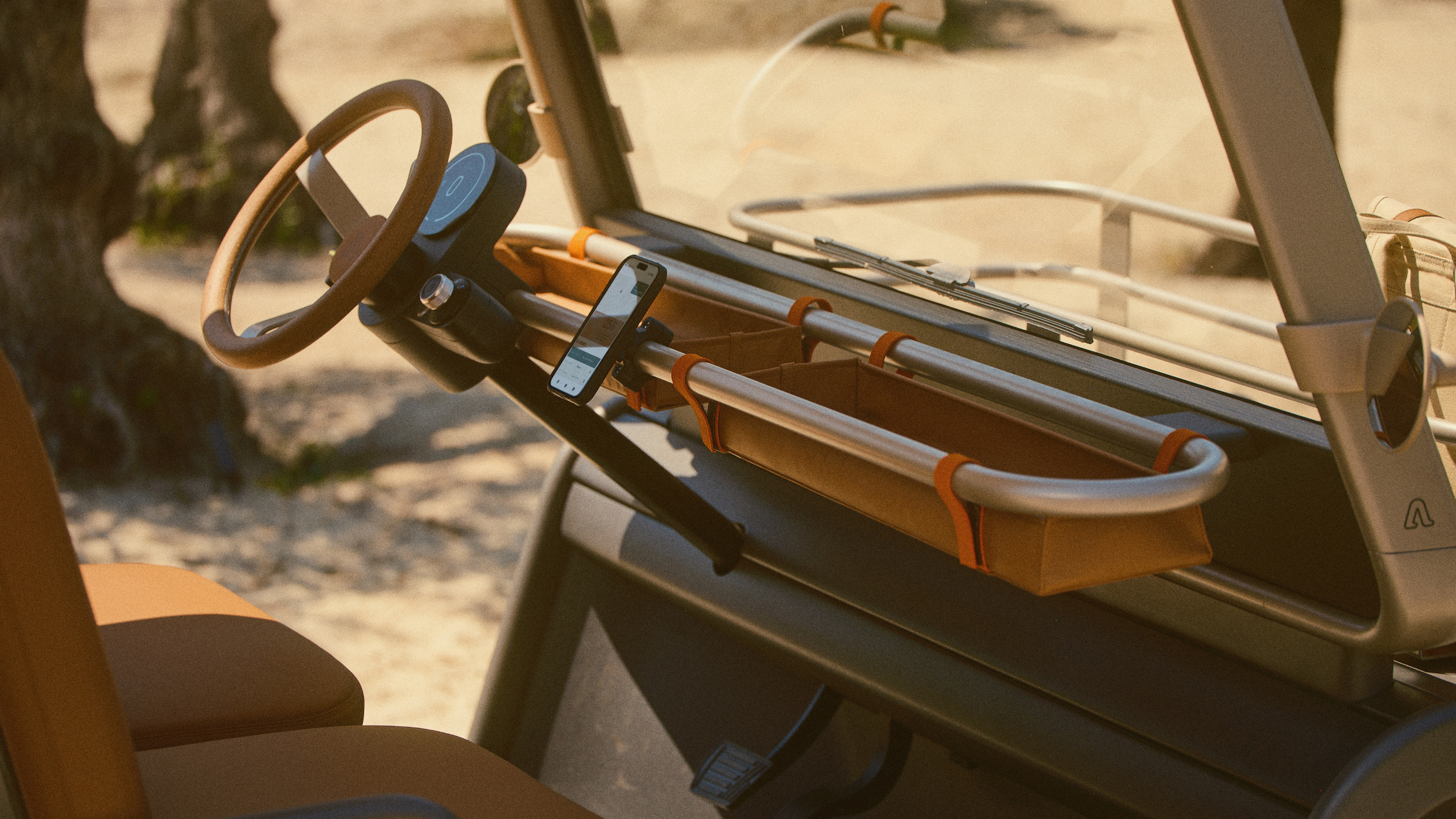 The Amble One features a cork steering wheel and plenty of storage
