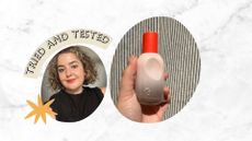 An image of senior beauty editor Rhiannon Derbyshire, alongside a picture of her holding a bottle of Glossier You perfume