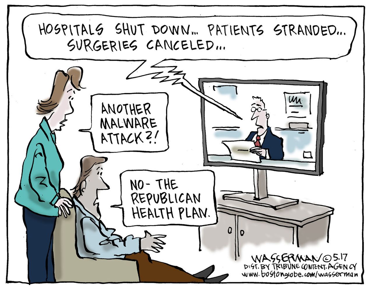 Political cartoon U.S. Trump healthcare malware attack