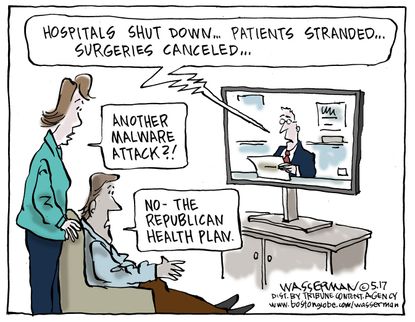 Political cartoon U.S. Trump healthcare malware attack
