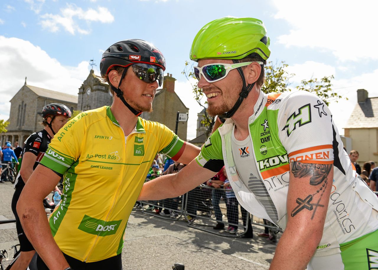Lukas P&ouml;stlberger is congratulated by his teammate