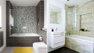 Two images side by side showing shower enclosures over a bath in a family bathroom to show simple designs to avoid common bathroom design mistakes