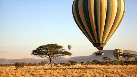 Three hot air balloons in the sky above the plains of the Serengeti in Tanzania