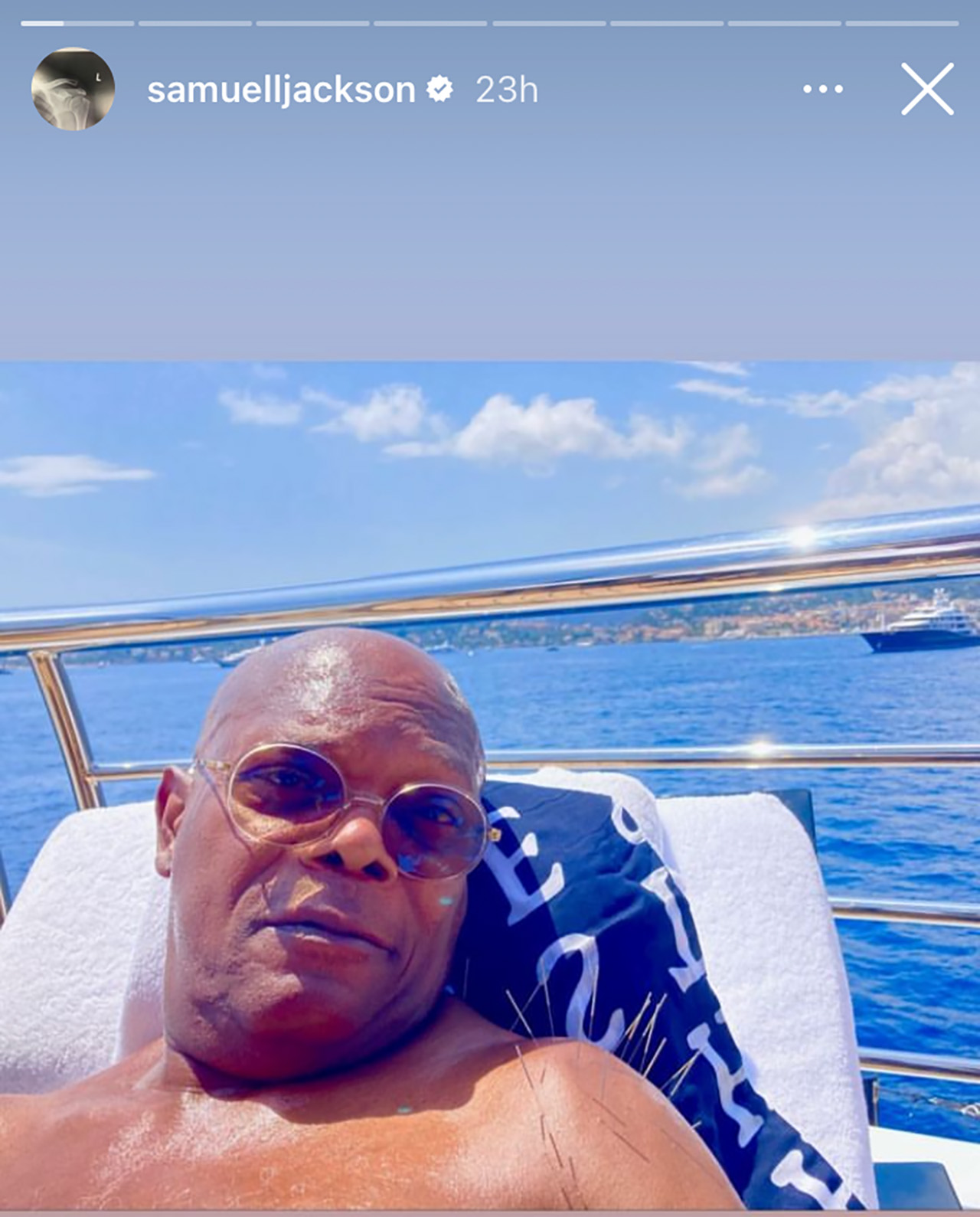 Samuel L. Jackson on a yacht vacation after the Secret Invasion premiere.