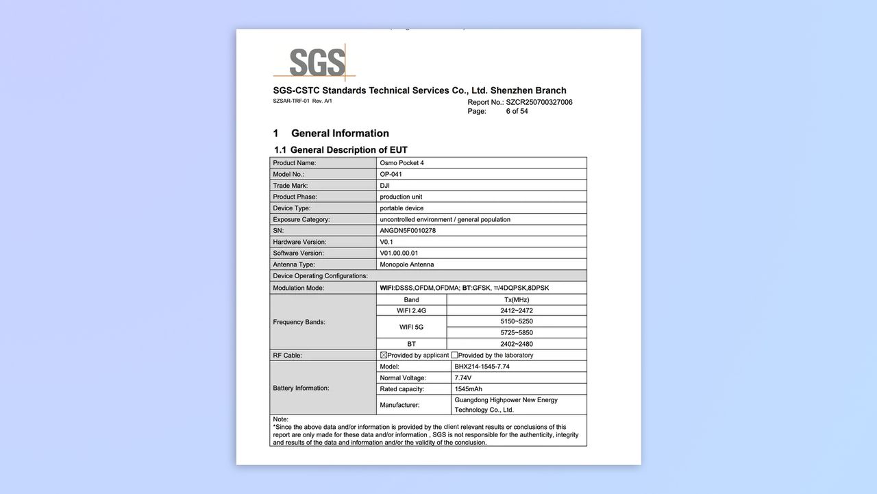 FCC documents showing information about the DJI Osmo Pocket 4