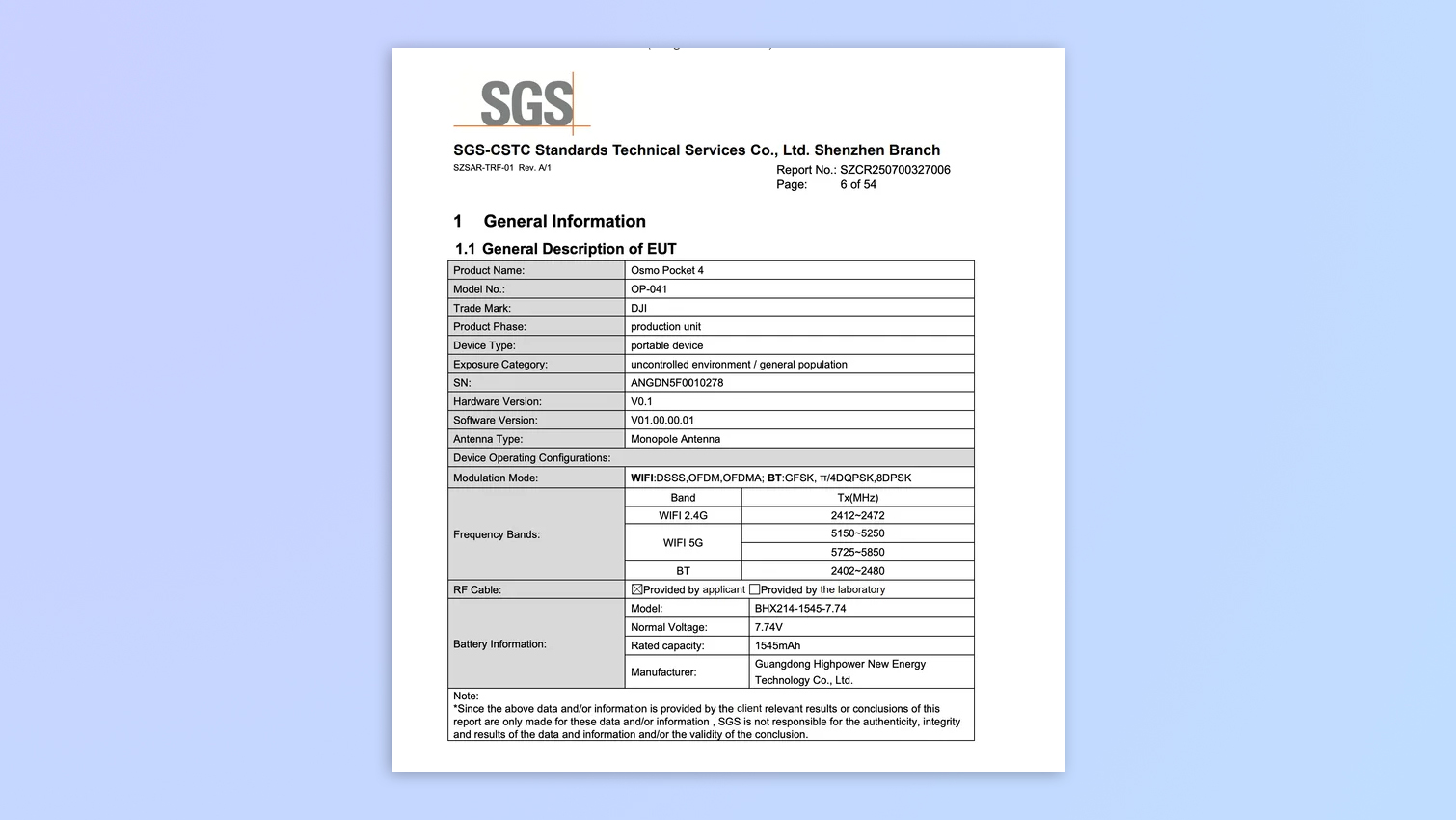 FCC documents showing information about the DJI Osmo Pocket 4