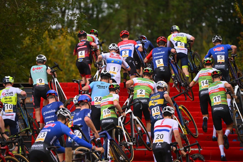 OVERIJSE BELGIUM OCTOBER 22 A general view of Jens Adams of Belgium and Team Athletes For Hope Lander Loockx of Belgium and Team TdtUnibet Michael Vanthourenhout of Belgium and Team Pauwels Sauzen Bingoal Joran Wyseure of Belgium and Team CrelanCorendon Laurens Sweeck of Belgium and Team CrelanCorendon Corne Van Kessel of The Netherlands and Team DeschachtHensMaes Witse Meeussen of Belgium and Team CrelanCorendon Emiel Verstrynge of Belgium and Team CrelanCorendon Cameron Mason of Great Britain and Team Trinity Racing compete during the 63rd UCI Cyclocross World Cup Druivencross Overijse 2023 Mens Elite on October 22 2023 in Overijse Belgium Photo by Luc ClaessenGetty Images