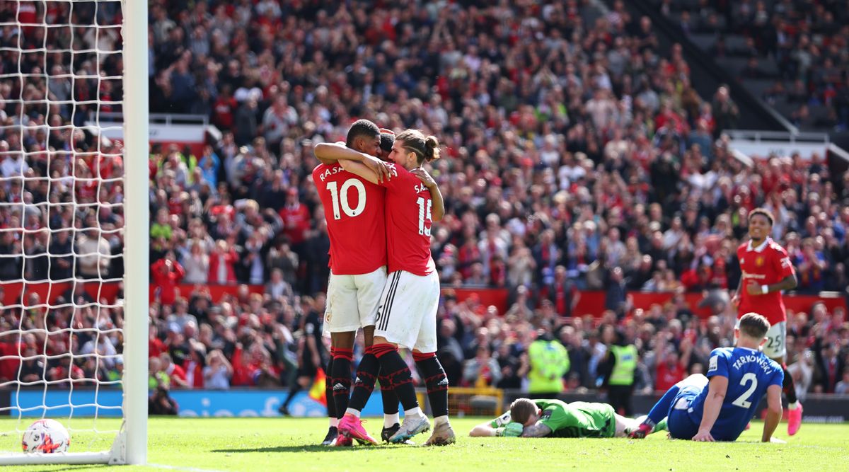 Manchester United players celebrate after Anthony Martial scored the team&#039;s second goal during the Premier League match between Manchester United and Everton at Old Trafford on April 8, 2023 in Manchester, United Kingdom.