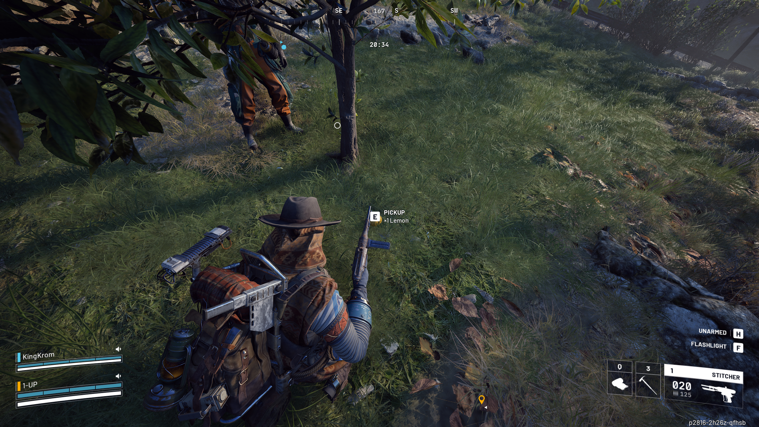 Arc Raiders lemons apricots locations: A player about to collect a lemon on the ground next to a fruit tree.