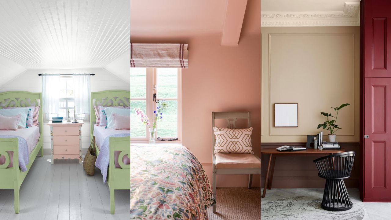 A white attic bedroom with light green single beds and a light pink side table between them. / A light pink color drenched bedroom with a large window and roman blind. / A dusty taupe wall with a deep, dusky red cabinet beside a black desk and chair