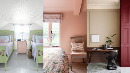 A white attic bedroom with light green single beds and a light pink side table between them. / A light pink color drenched bedroom with a large window and roman blind. / A dusty taupe wall with a deep, dusky red cabinet beside a black desk and chair