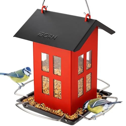 Iborn Bird Feeder House, Metal Bird Feeders for Outdoors Hanging,double-Sided Metal Hanger &amp;amp; Weatherproof, Easy to Clean &amp;amp; Refill, 1.5 Lbs Capacity, Red