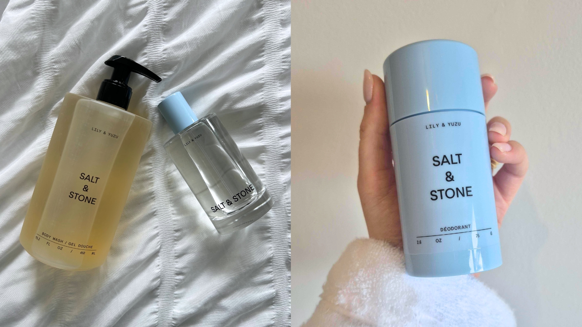 The Salt &amp;amp; Stone Lily &amp;amp; Yuzu Body Wash and Body Mist on white bedding (L) and hand holding the blue bottle of the Salt &amp;amp; Stone Lily &amp;amp; Yuzu Deodorant (R)
