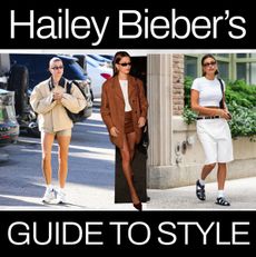 collage of Hailey Bieber spring outfits 